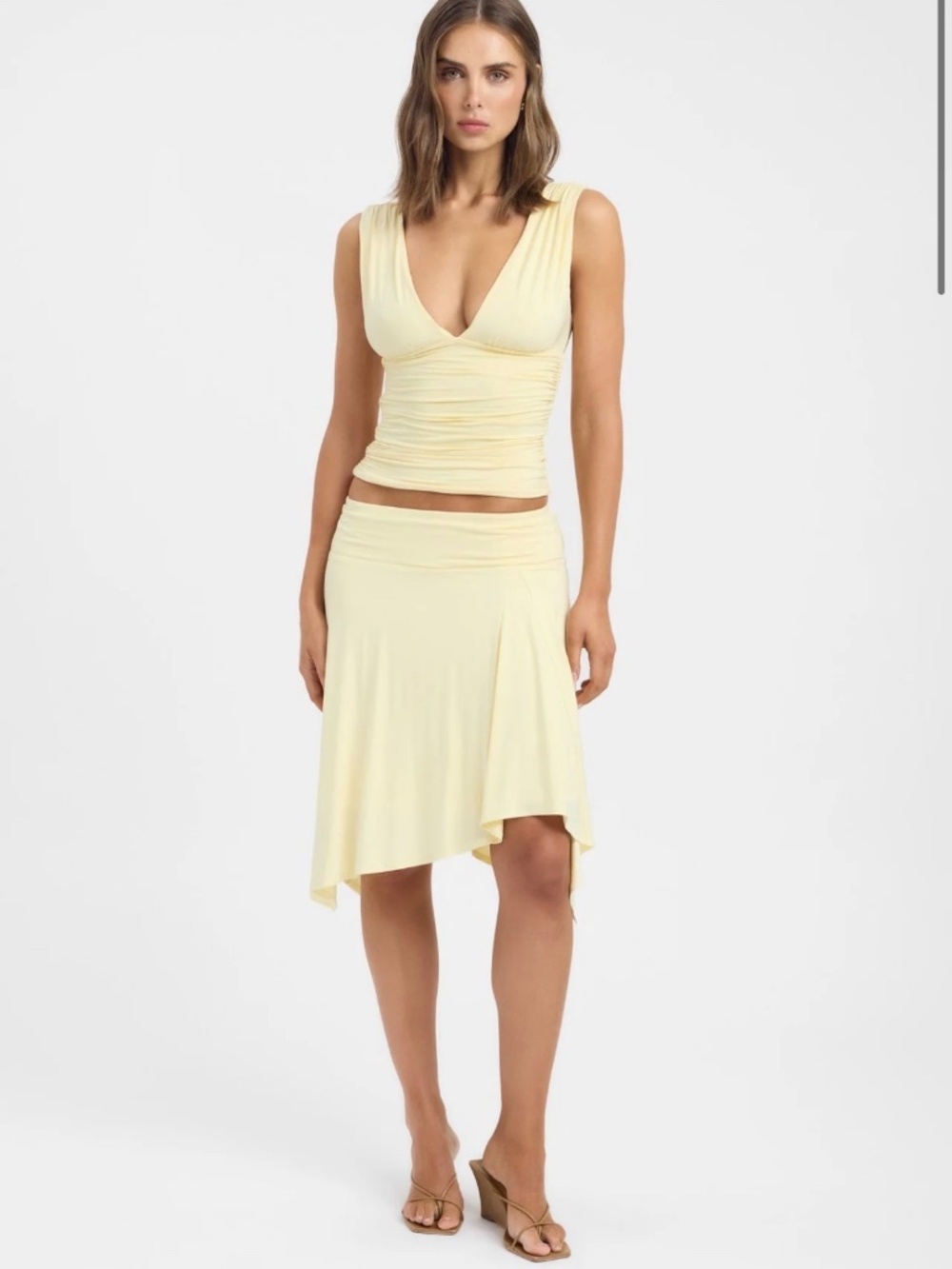 Kookai Pale Yellow Ruched V-Neck Top & Asymmetric Skirt Set
